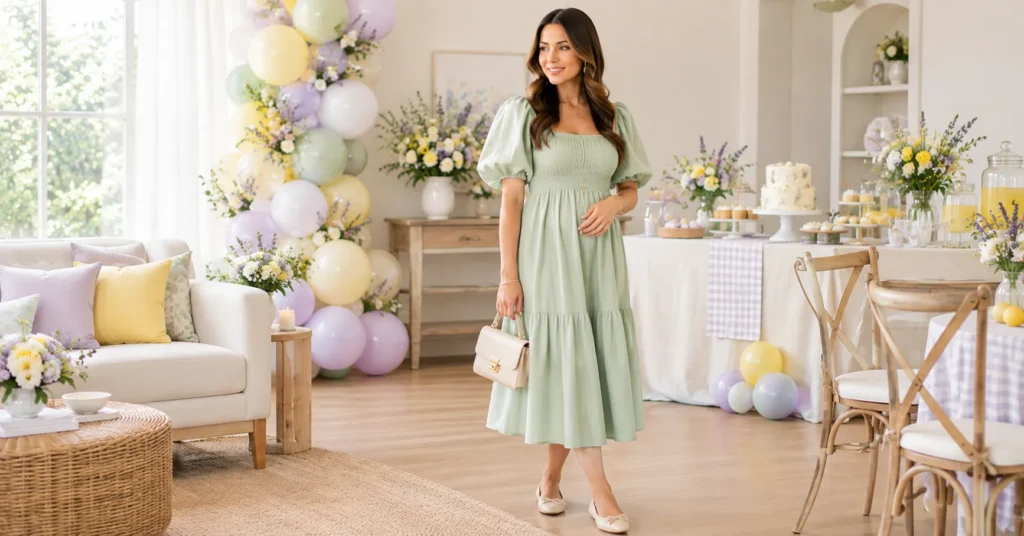 Baby Sprinkle Outfit Ideas featuring a gender-neutral pastel mint midi dress with lavender and cream accessories.