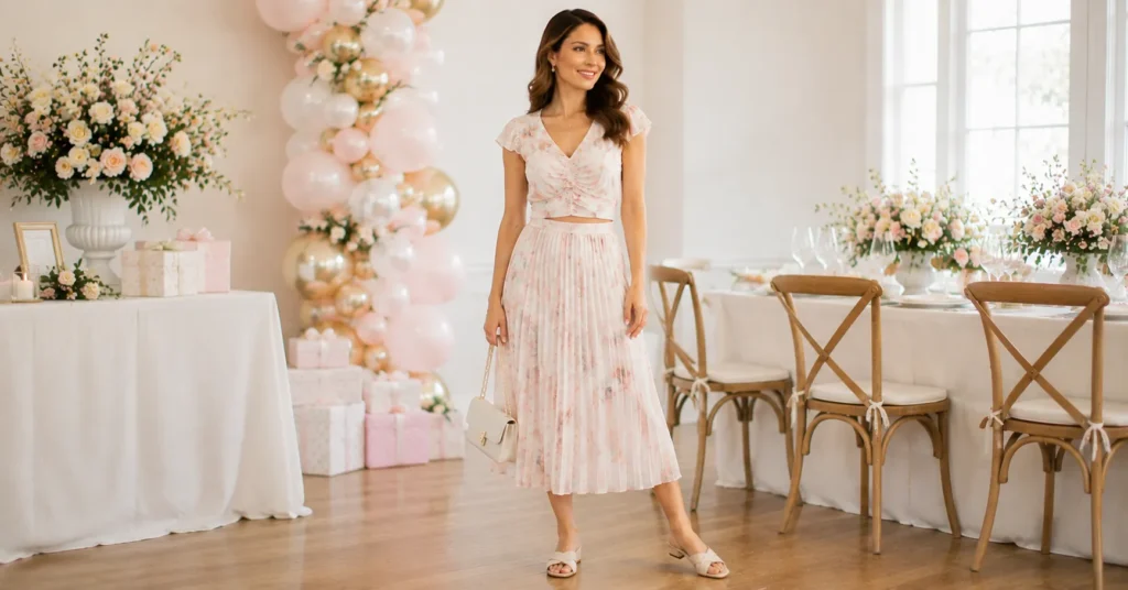 Baby Sprinkle Outfit Ideas featuring a coordinated pastel midi skirt and matching top with elegant accessories.
