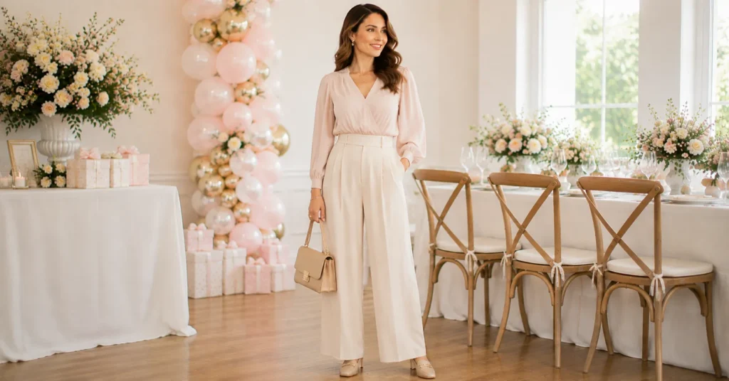Baby Sprinkle Outfit Ideas featuring tailored neutral wide-leg trousers, a pastel blouse, and polished loafers.