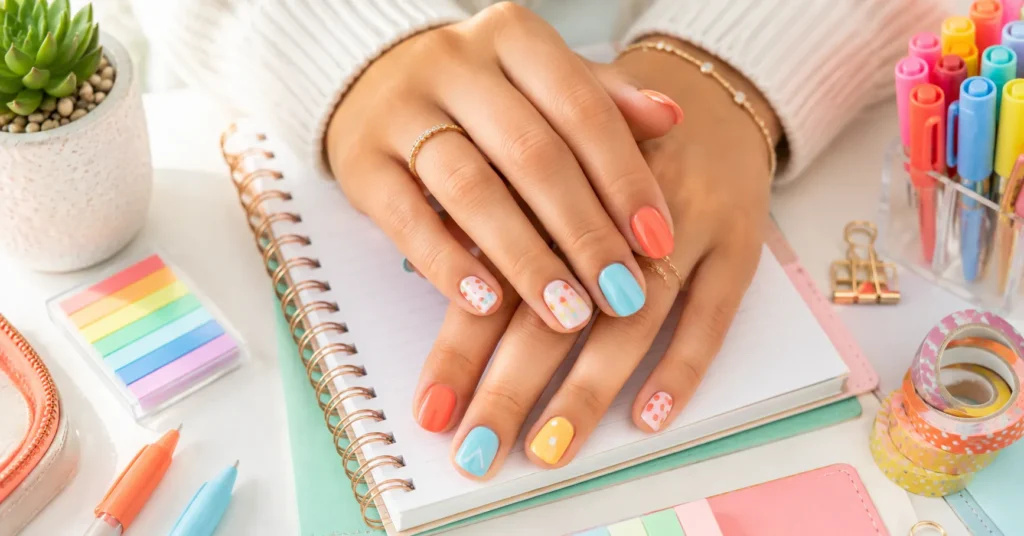 Back to School Nails: Stunning Designs for Every Style 7 Back to School Nails with bright playful coral blue yellow and pink colors