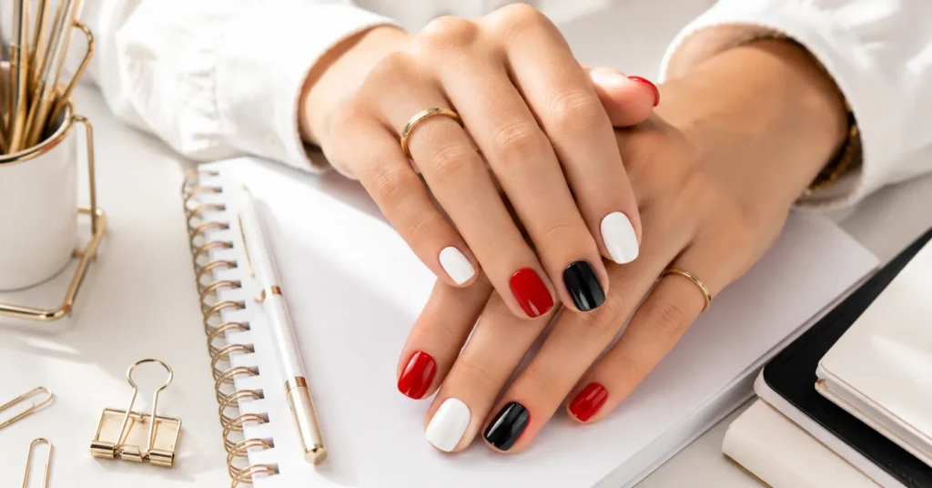 Back to School Nails: Stunning Designs for Every Style 9 Back to School Nails with classic bold white red and black manicure