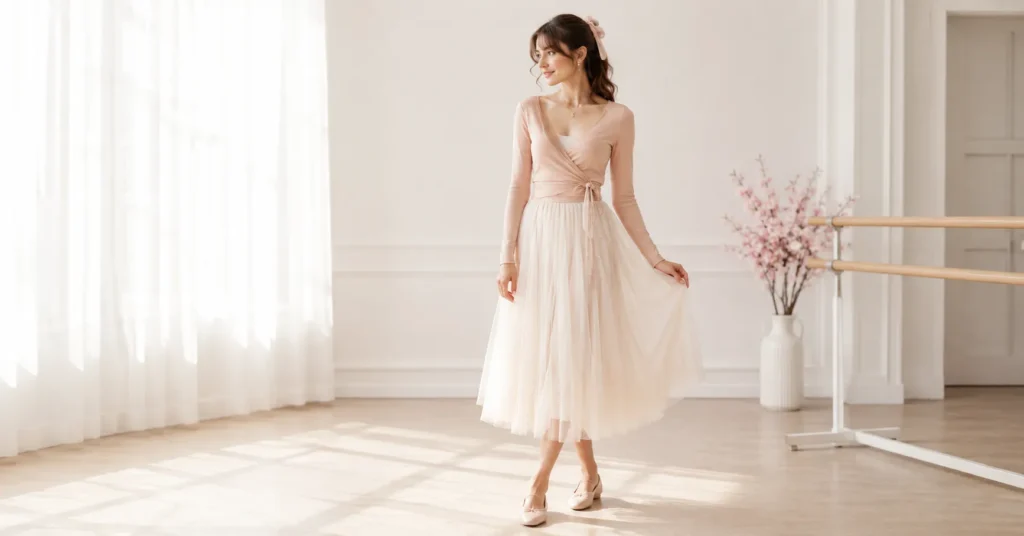 12 Dreamy Balletcore Outfit Ideas for a Feminine Trendy Look 3 Balletcore Outfit Ideas with a blush wrap top, ivory tulle skirt, ballet flats, and satin ribbon