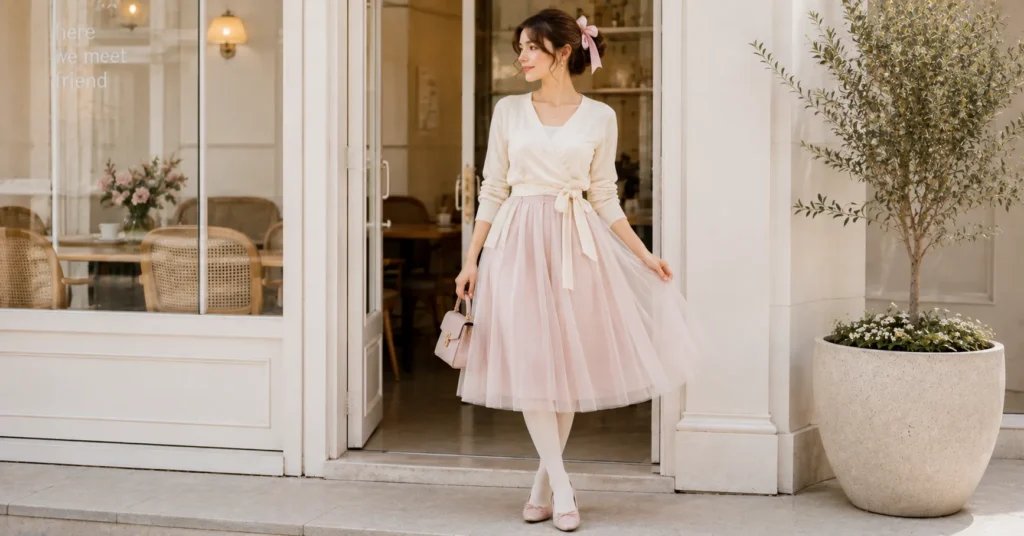 12 Dreamy Balletcore Outfit Ideas for a Feminine Trendy Look 12 Balletcore Outfit Ideas featuring a layered ivory cardigan, blush tulle skirt, tights, and ballet flats