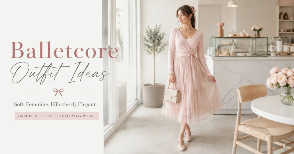Balletcore Outfit Ideas featuring a dreamy blush wrap cardigan, tulle skirt, ballet flats, and feminine pastel styling