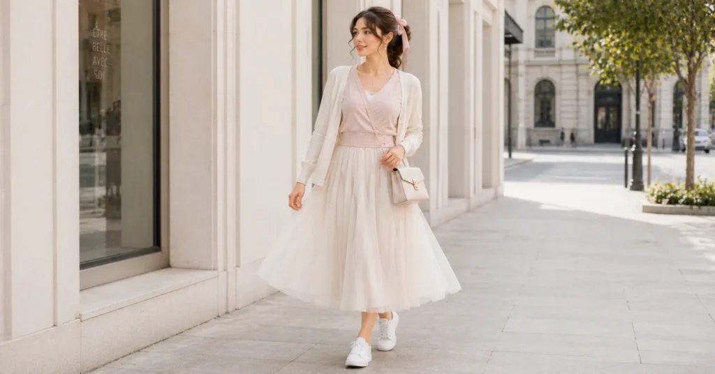 12 Dreamy Balletcore Outfit Ideas for a Feminine Trendy Look 14 Balletcore Outfit Ideas featuring a blush wrap top, ivory tulle skirt, white sneakers, and modern feminine styling