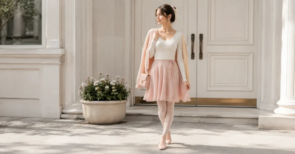 12 Dreamy Balletcore Outfit Ideas for a Feminine Trendy Look 4 Balletcore Outfit Ideas featuring an ivory fitted bodysuit, blush wrap skirt, tights, and ballet flats