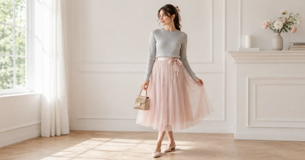 12 Dreamy Balletcore Outfit Ideas for a Feminine Trendy Look 5 Balletcore Outfit Ideas featuring a cozy dove-gray knit sweater and blush mesh skirt with ballet flats