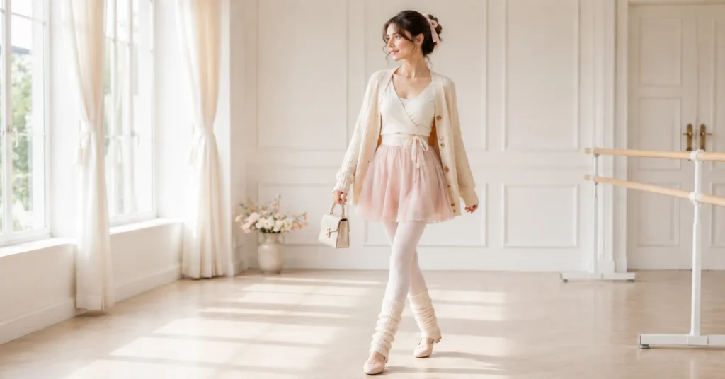 12 Dreamy Balletcore Outfit Ideas for a Feminine Trendy Look 6 Balletcore Outfit Ideas featuring cream legwarmers, a blush tulle skirt, wrap top, tights, and ballet flats