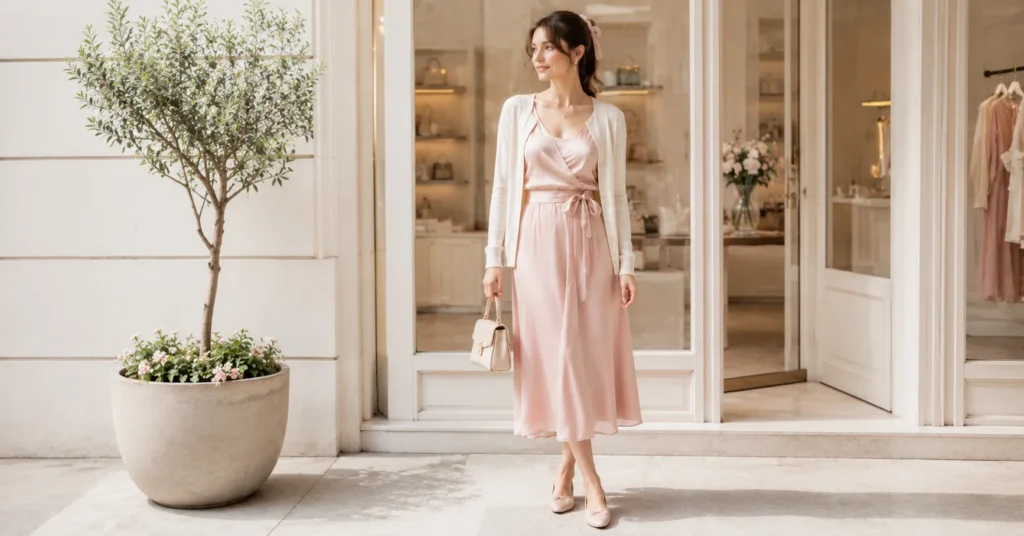 12 Dreamy Balletcore Outfit Ideas for a Feminine Trendy Look 7 Balletcore Outfit Ideas featuring a blush satin midi slip dress, ivory cardigan, and ballet flats