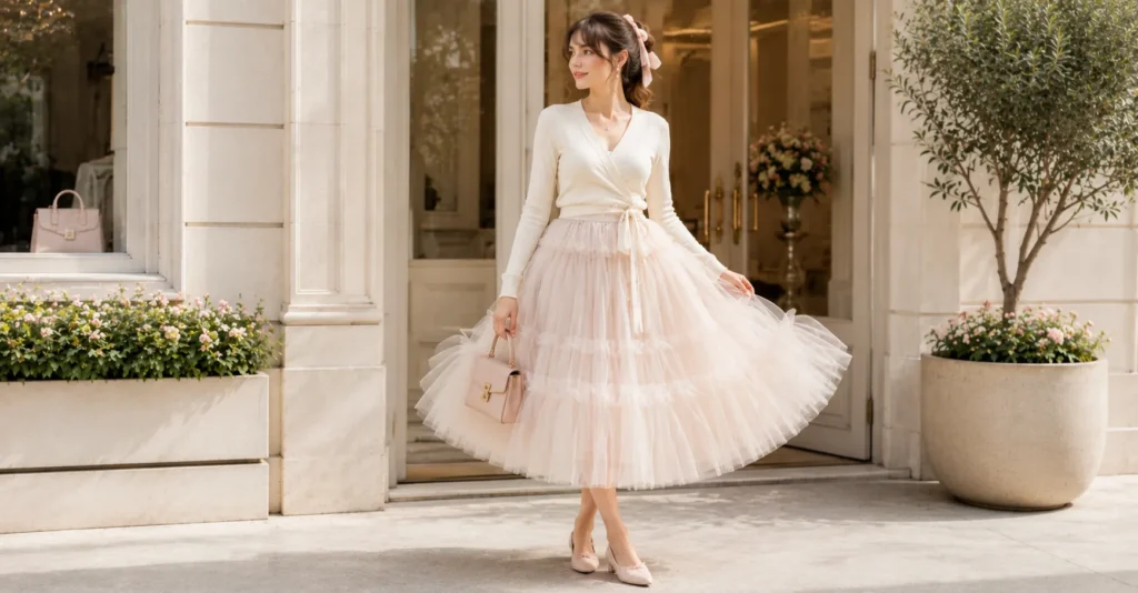 12 Dreamy Balletcore Outfit Ideas for a Feminine Trendy Look 8 Balletcore Outfit Ideas featuring a statement ivory tutu skirt, cream wrap cardigan, ballet flats, and pastel accessories