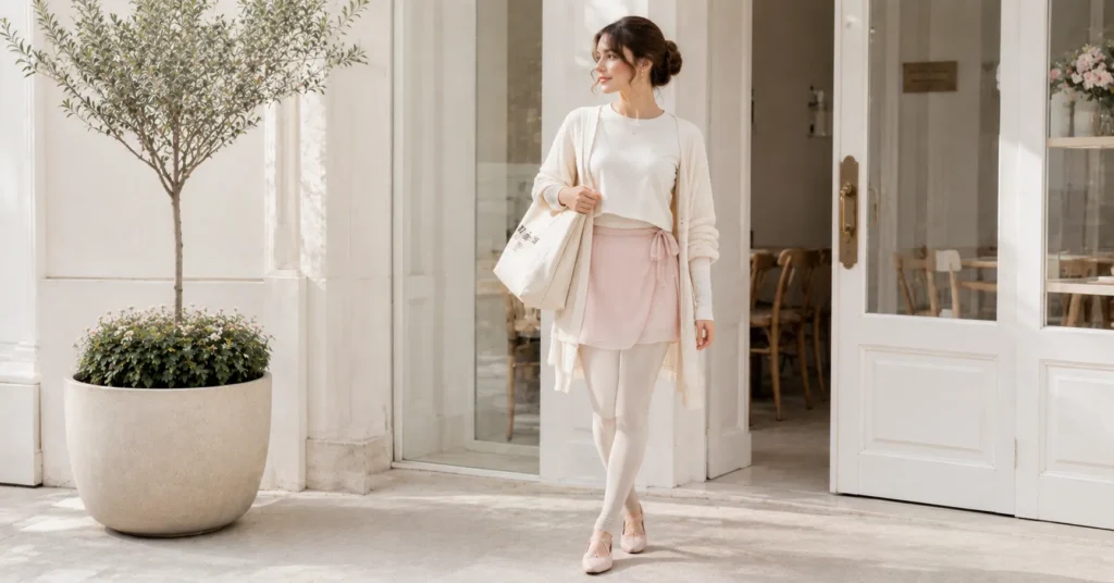 12 Dreamy Balletcore Outfit Ideas for a Feminine Trendy Look 9 Balletcore Outfit Ideas featuring an off-duty dancer look with cream sweatshirt, leggings, chiffon wrap skirt, and ballet flats