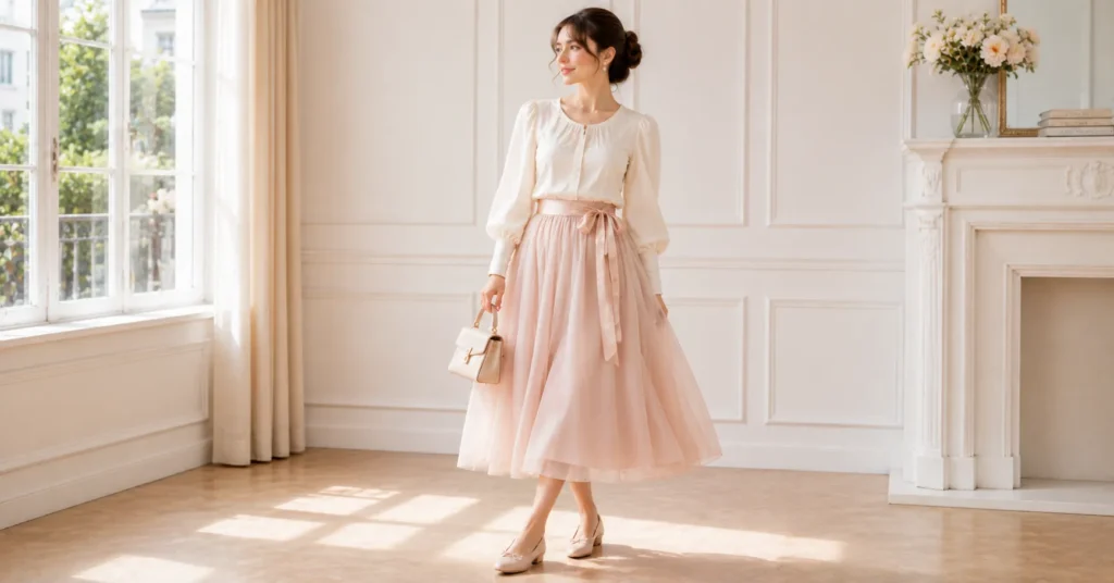 12 Dreamy Balletcore Outfit Ideas for a Feminine Trendy Look 10 Balletcore Outfit Ideas featuring an ivory puff-sleeve blouse, flowing midi skirt, ballet flats, and satin ribbon