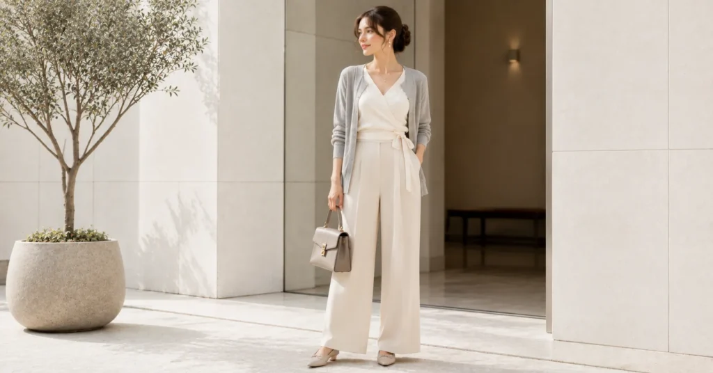 12 Dreamy Balletcore Outfit Ideas for a Feminine Trendy Look 11 Balletcore Outfit Ideas featuring cream tailored trousers, an ivory wrap top, dove-gray cardigan, and ballet flats