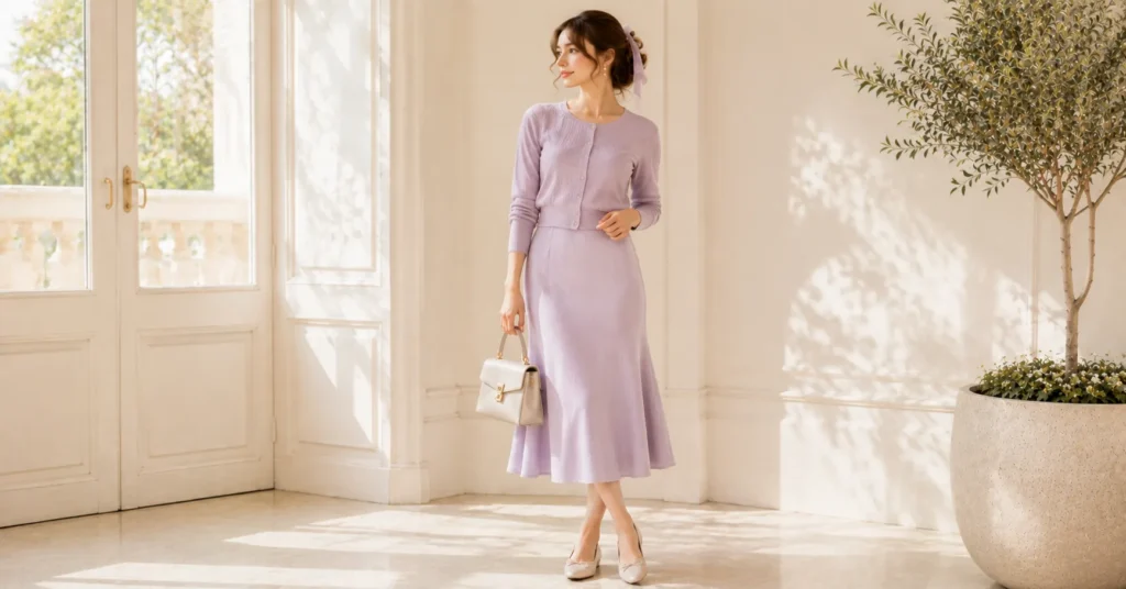 12 Dreamy Balletcore Outfit Ideas for a Feminine Trendy Look 13 Balletcore Outfit Ideas featuring a soft lilac pastel knit coord set with ballet flats and delicate accessories