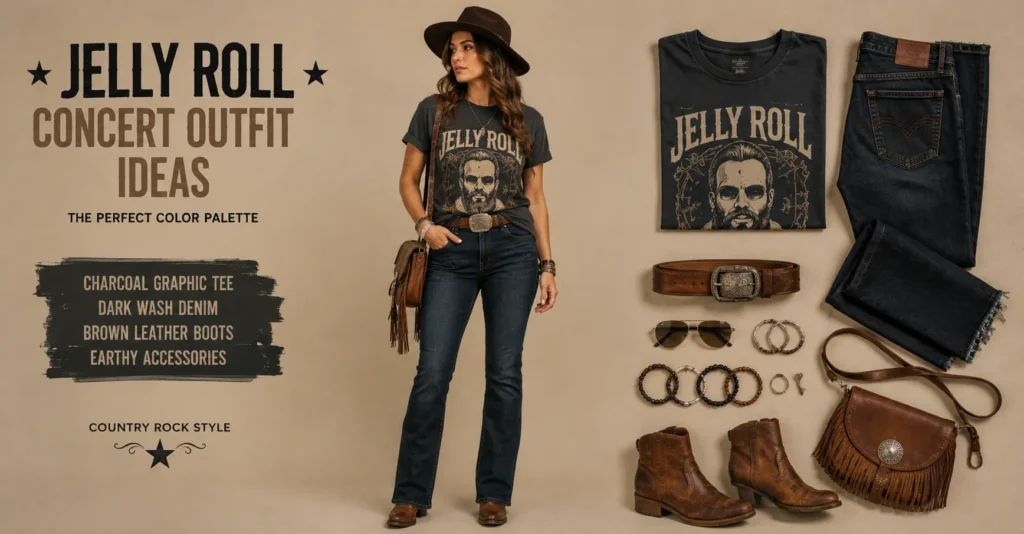 Ultimate Jelly Roll Concert Outfit Ideas: What to Wear for an Unforgettable Show 3 Best color combinations for Jelly Roll Concert Outfit Ideas with black, charcoal, denim, and earthy tones.