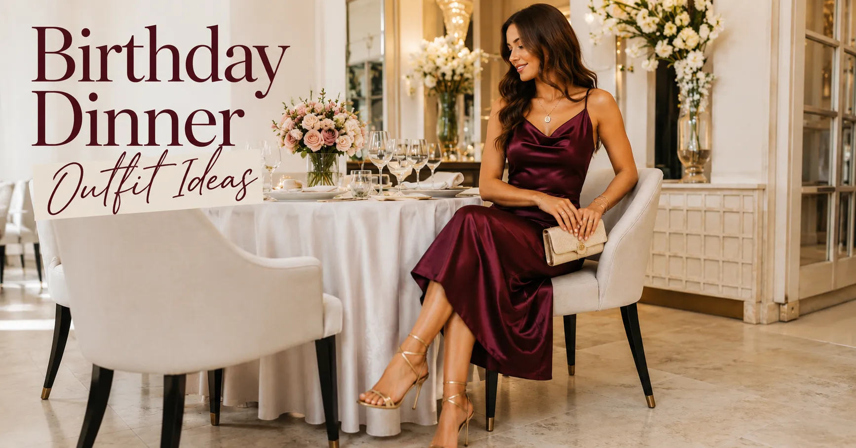 Birthday Dinner Outfit Ideas featuring an elegant burgundy satin midi dress
