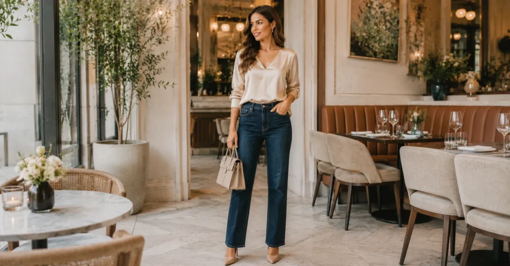 Birthday Dinner Outfit Ideas featuring dark jeans and a satin blouse for a dressy casual dinner