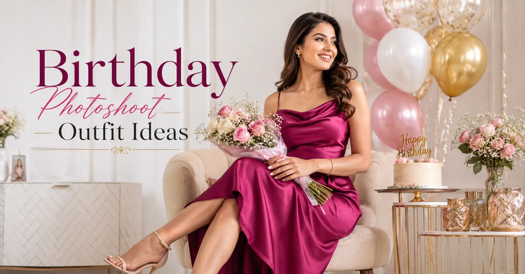 Birthday Photoshoot Outfit Ideas featuring an elegant jewel-tone birthday dress
