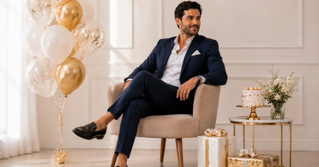 Birthday Photoshoot Outfit Ideas: Stunning Looks to Try 8 Birthday Photoshoot Outfit Ideas for men with a sharp tailored navy suit