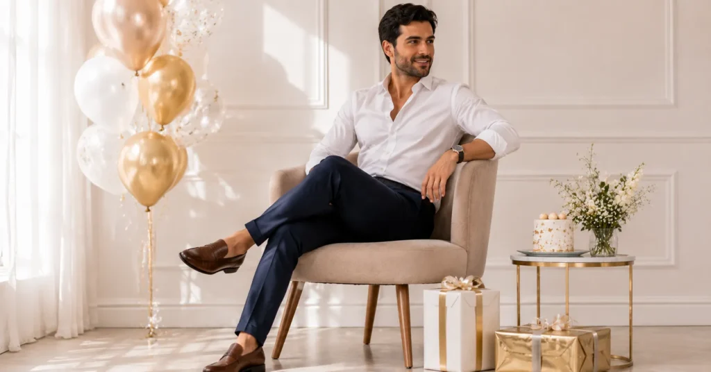 Birthday Photoshoot Outfit Ideas: Stunning Looks to Try 7 Birthday Photoshoot Outfit Ideas for men with a smart casual white shirt and navy chinos