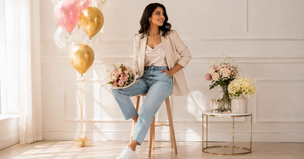 Birthday Photoshoot Outfit Ideas: Stunning Looks to Try 5 Birthday Photoshoot Outfit Ideas with a casual chic jeans and satin top look