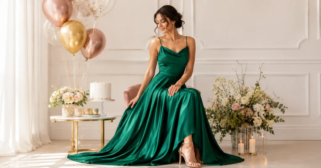 Birthday Photoshoot Outfit Ideas: Stunning Looks to Try 3 Birthday Photoshoot Outfit Ideas with a glamorous emerald floor-length gown