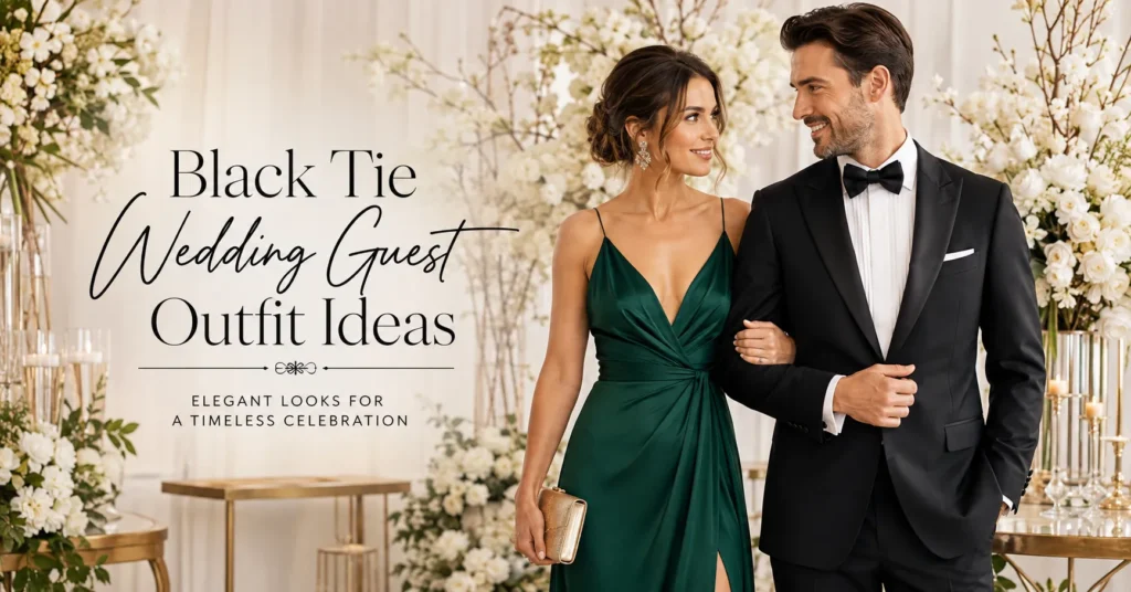 Black Tie Wedding Guest Outfit Ideas: The Ultimate Style Guide 2 Black Tie Wedding Guest Outfit Ideas featuring an elegant gown and classic tuxedo