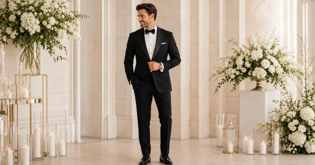 Black Tie Wedding Guest Outfit Ideas: The Ultimate Style Guide 6 Black Tie Wedding Guest Outfit Ideas for men with a classic tailored tuxedo