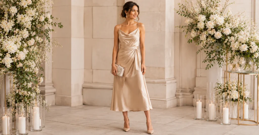Black Tie Wedding Guest Outfit Ideas: The Ultimate Style Guide 5 Black Tie Wedding Guest Outfit Ideas with a sophisticated satin midi dress