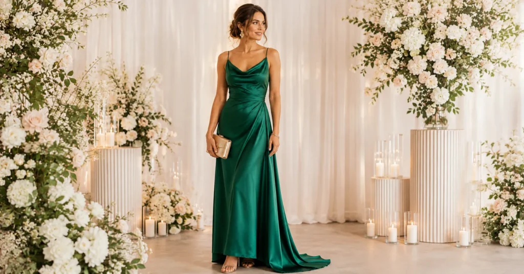 Black Tie Wedding Guest Outfit Ideas: The Ultimate Style Guide 3 Black Tie Wedding Guest Outfit Ideas with an elegant emerald floor-length gown