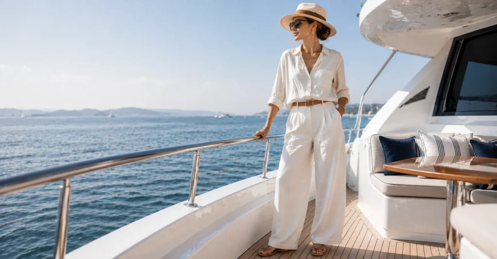 11 Dazzling Boat Party Outfit Ideas for a Stylish Summer Celebration 6 Boat Party Outfit Ideas featuring an elegant ivory linen shirt and wide-leg trouser set with tan sandals, straw hat, and minimalist jewelry.