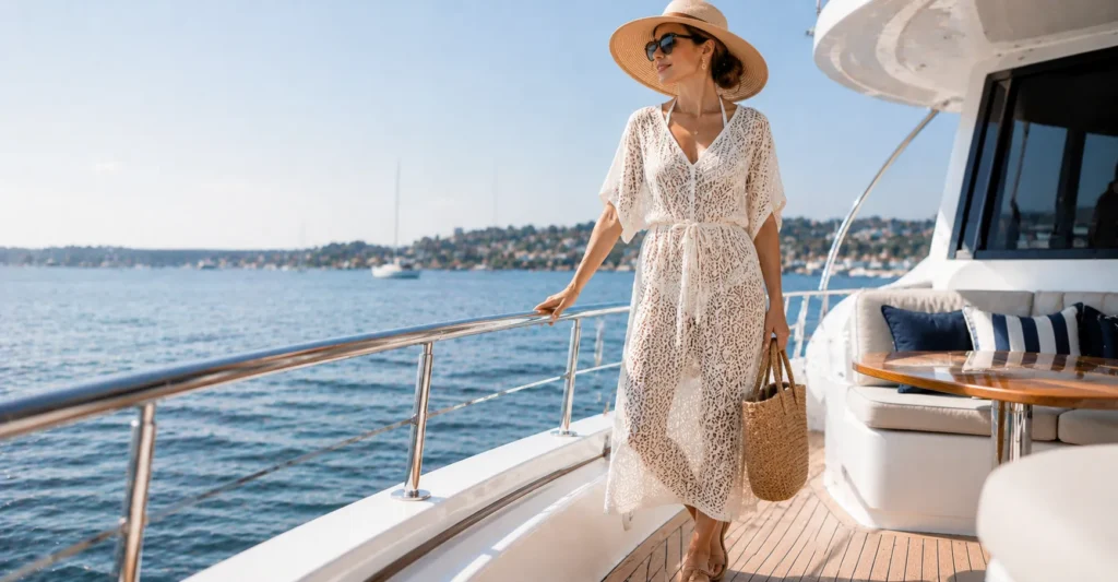 11 Dazzling Boat Party Outfit Ideas for a Stylish Summer Celebration 8 Boat Party Outfit Ideas featuring an airy crochet coverup, tasteful swimwear, flat sandals, oversized sunglasses, and a woven beach bag.