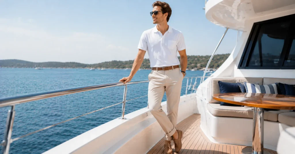 11 Dazzling Boat Party Outfit Ideas for a Stylish Summer Celebration 11 Boat Party Outfit Ideas featuring a crisp cotton polo, tailored beige chinos, classic boat shoes, leather belt, and sunglasses.
