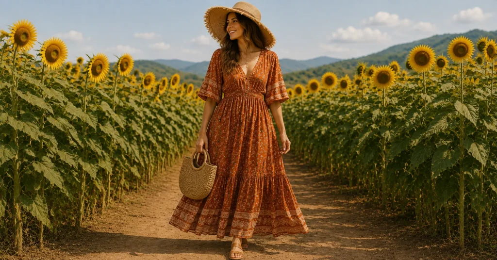 Boho Sunflower Field Outfit Ideas with a tiered maxi dress and wide-brim hat.