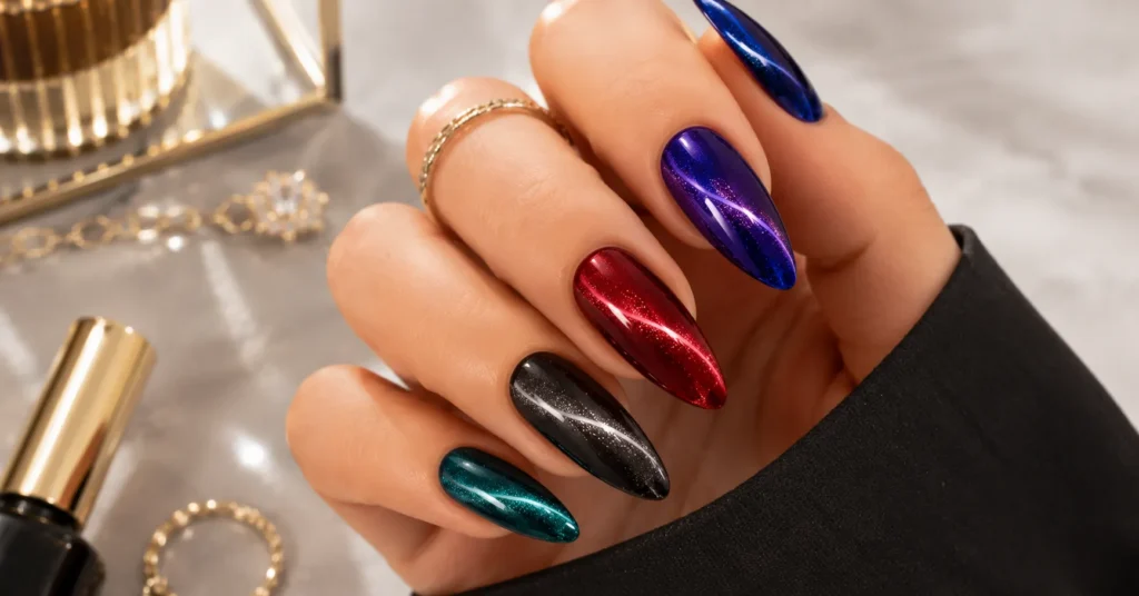 Bold Velvet Nails Ideas featuring electric blue, deep purple, ruby red, black, and teal magnetic nails