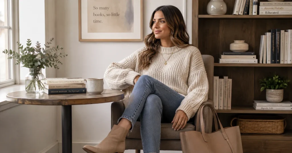 Book Club Outfit Ideas featuring a cozy cream knit sweater, slim jeans, ankle boots, and a structured book tote.