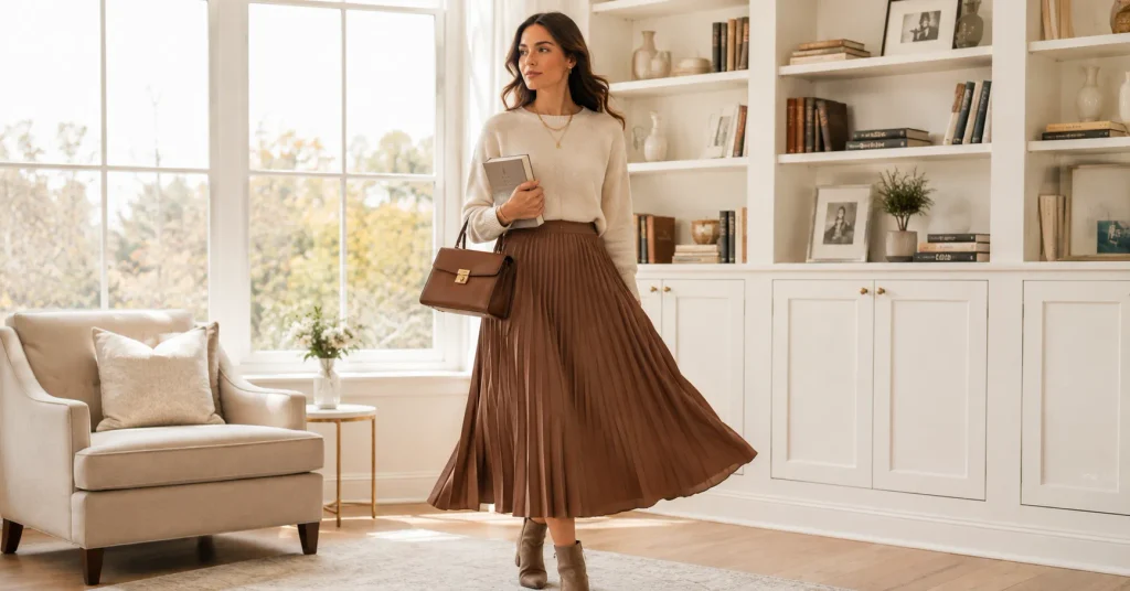 Book Club Outfit Ideas featuring a pleated midi skirt, fine-knit sweater, ankle boots, and elegant accessories.