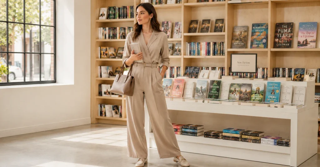 Book Club Outfit Ideas featuring a relaxed neutral wide-leg jumpsuit, thin belt, loafers, and structured handbag.