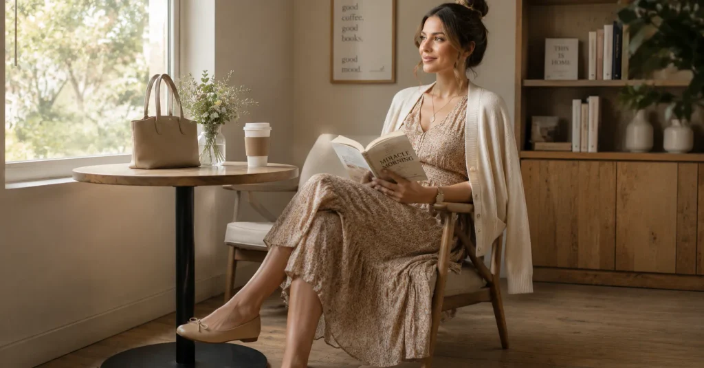Book Club Outfit Ideas featuring a flowing earthy midi dress, lightweight cardigan, and comfortable flats.
