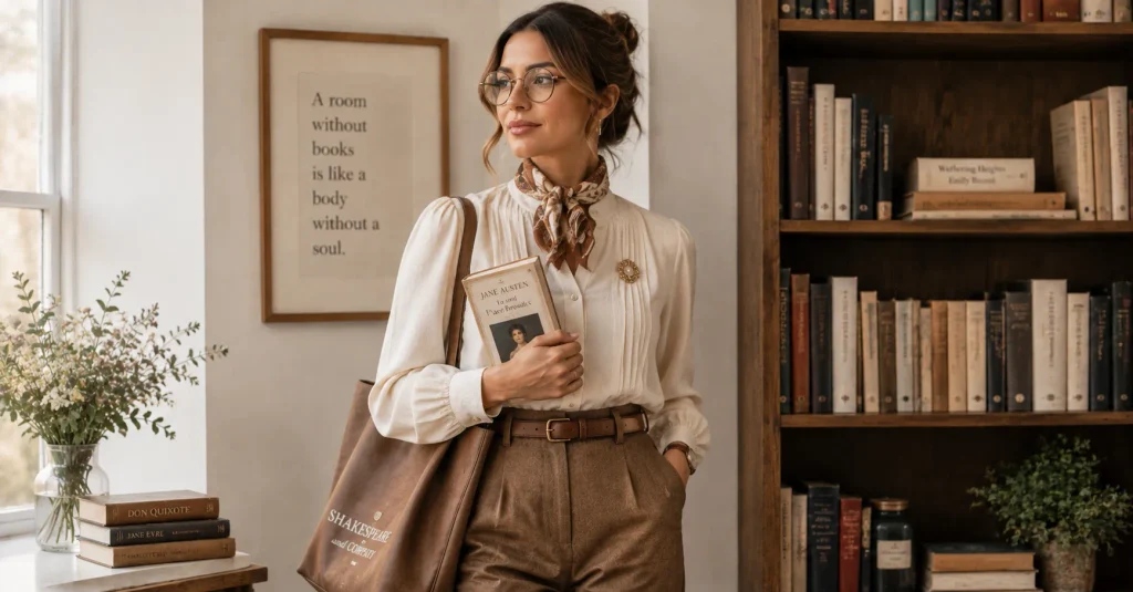 Book Club Outfit Ideas featuring vintage-inspired trousers, a blouse, round glasses, silk scarf, and classic literary accessories.