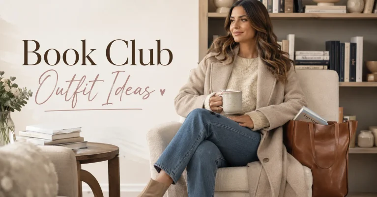 Book Club Outfit Ideas featuring a chic cozy knit sweater, jeans, ankle boots, and bookish accessories in a stylish reading setting.