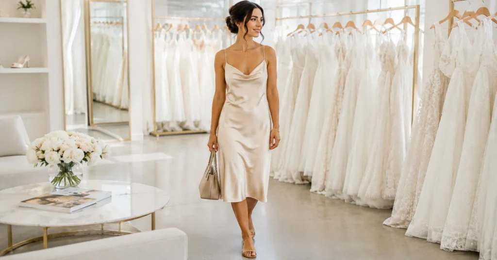 12 Effortless Bridal Appointment Outfit Ideas for a Stylish Wedding Dress Shopping Day 3 Bridal Appointment Outfit Ideas featuring an elegant neutral slip dress and comfortable sandals for wedding dress shopping.