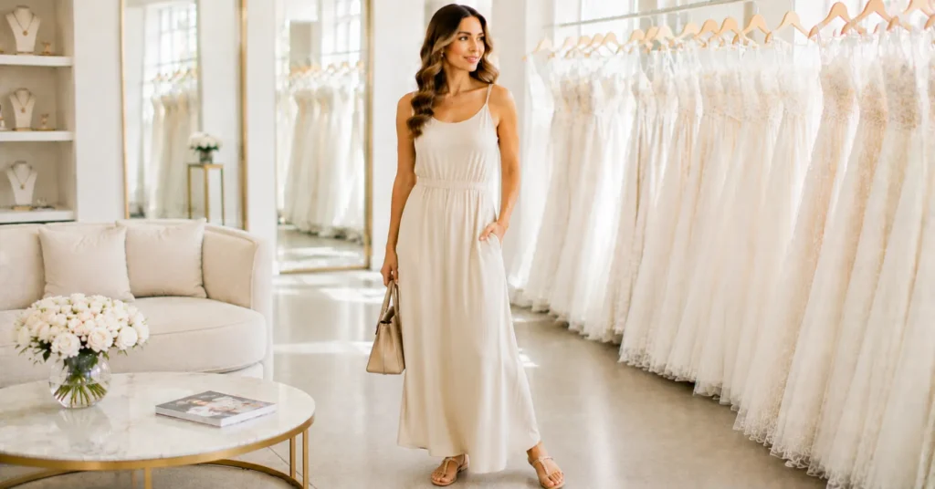 12 Effortless Bridal Appointment Outfit Ideas for a Stylish Wedding Dress Shopping Day 12 Bridal Appointment Outfit Ideas featuring a flowing neutral maxi dress with comfortable sandals for a bridal appointment.