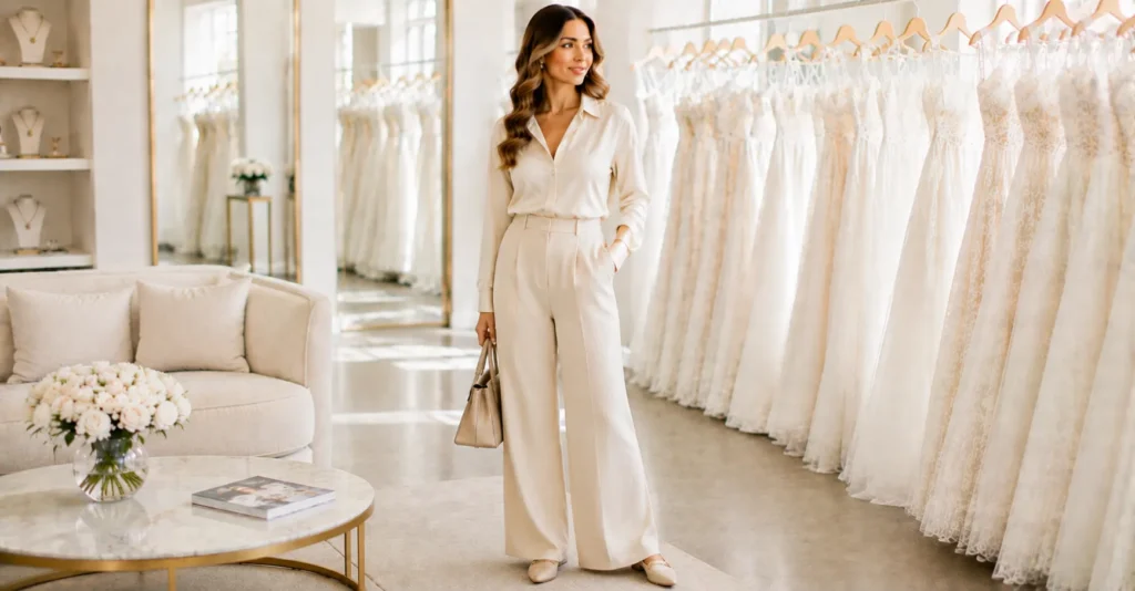 12 Effortless Bridal Appointment Outfit Ideas for a Stylish Wedding Dress Shopping Day 13 Bridal Appointment Outfit Ideas featuring tailored ivory trousers and an elegant silky cream top.