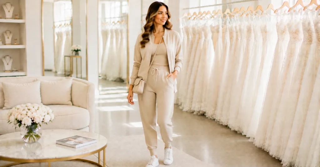 12 Effortless Bridal Appointment Outfit Ideas for a Stylish Wedding Dress Shopping Day 14 Bridal Appointment Outfit Ideas featuring a coordinated neutral athleisure set with a zip jacket and clean sneakers.