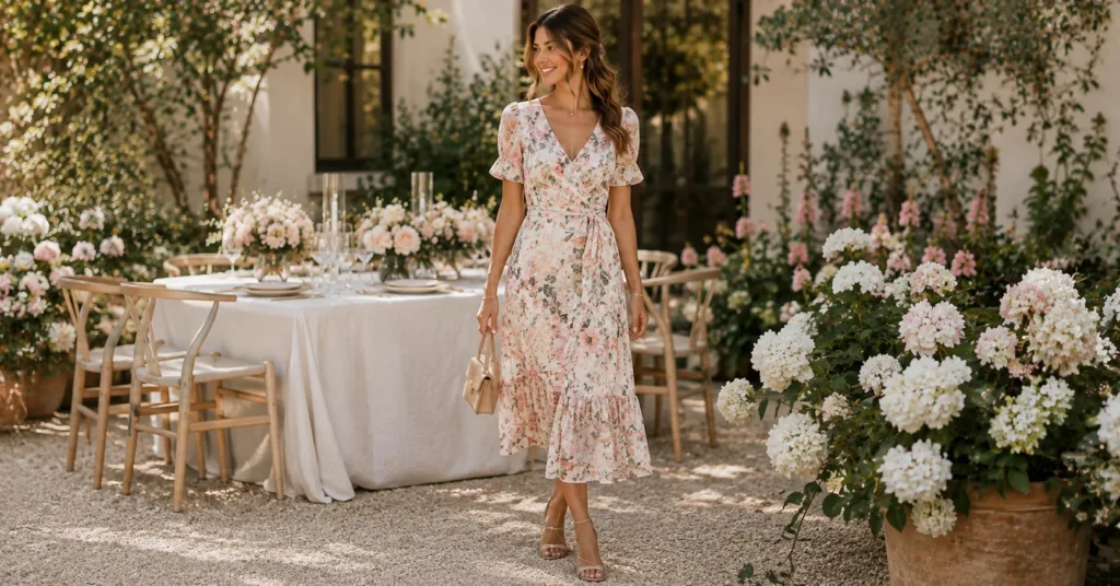 Elegant floral garden dress for Bridal Luncheon Outfit Ideas, featuring a feminine midi silhouette and polished daytime accessories.