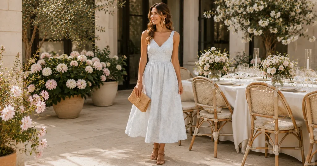 Chic sundress with polished accessories for daytime Bridal Luncheon Outfit Ideas, featuring elegant sandals and a refined straw clutch.