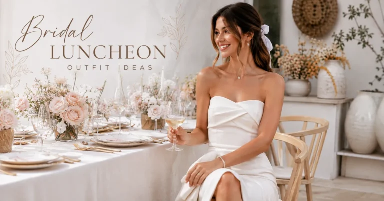 Elegant daytime celebration featuring stylish bridal luncheon fashion and sophisticated Bridal Luncheon Outfit Ideas with soft neutral tones, fresh flowers, and polished feminine styling.