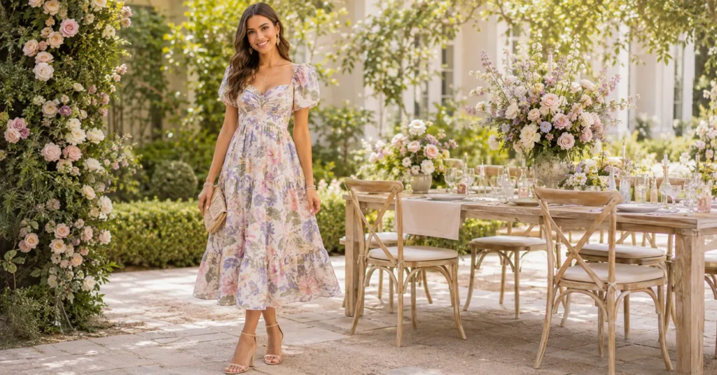 Bridal Shower Guest Outfit Ideas featuring a pastel floral midi dress, nude heels, and a woven clutch.