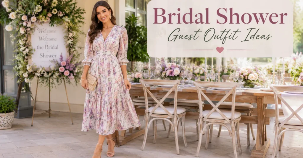 12 Stunning Bridal Shower Guest Outfit Ideas for an Elegant Celebration 5 Bridal Shower Guest Outfit Ideas featuring an elegant pastel floral midi dress with delicate accessories.